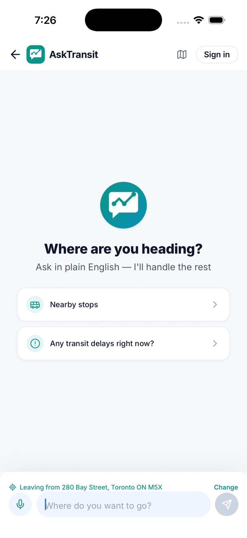 AskTransit welcome screen asking "Where are you heading?" with a plain-English prompt and quick suggestions.